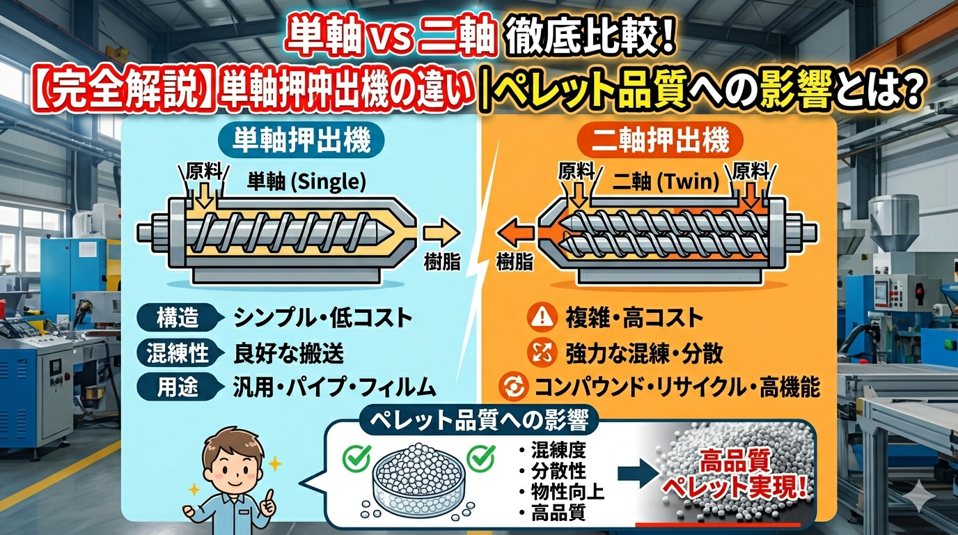 【完全解説】単軸押出機と二軸押出機の違い｜ペレット品質への影響とは？